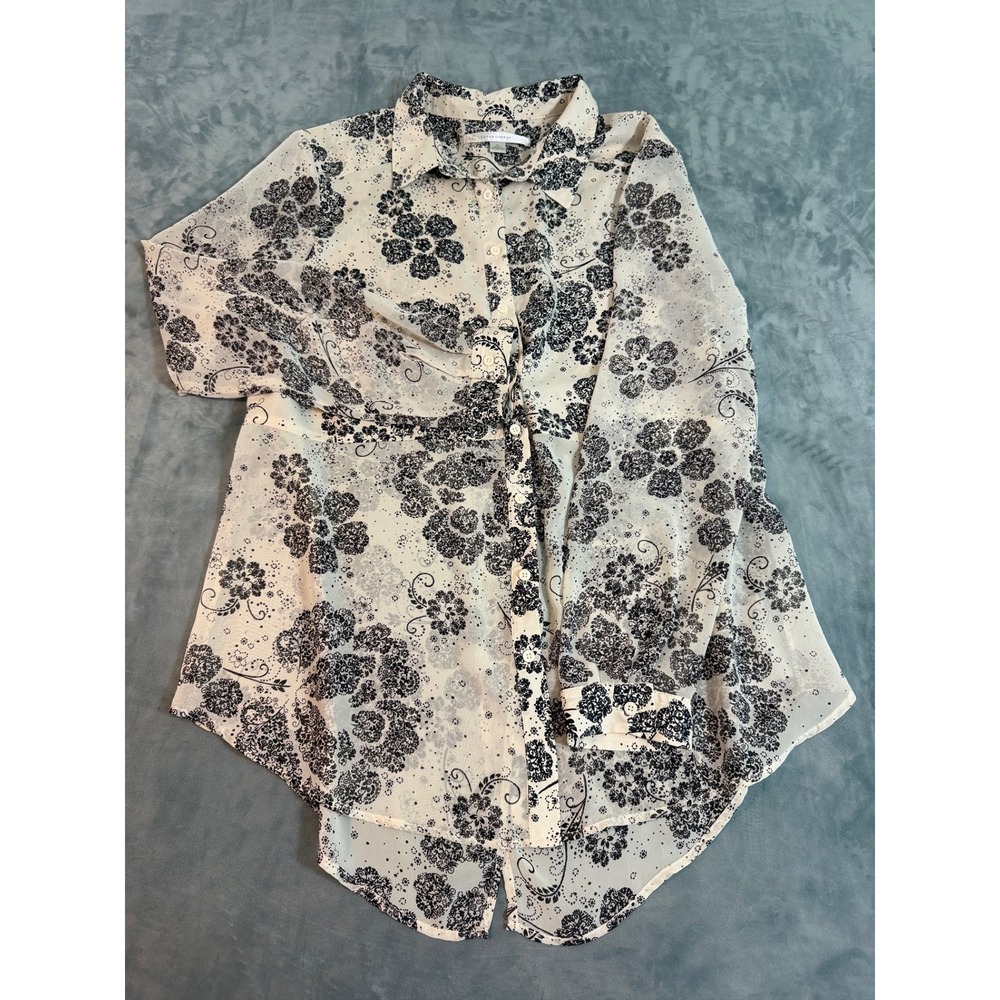 LC Lauren Conrad Womens XL Black Floral Paisley Sheer Button Down Blouse Top